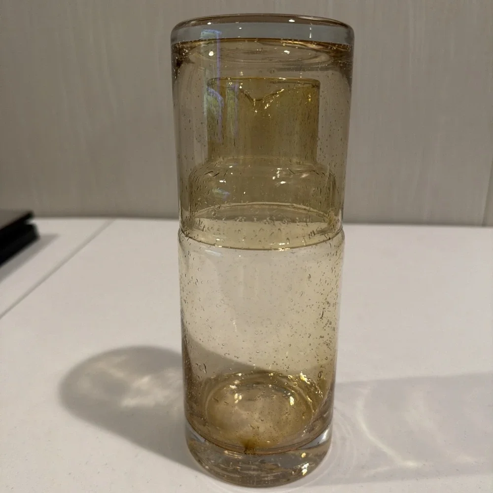 VTG MCM Amber Mouth‎ Blown Bubble Glass Decanter Tumbler Bedside Carafe 8.5
